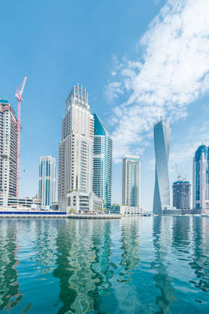 Dubai - AUGUST 9, 2014: Dubai Marina district on August 9 in UAE. Dubai is fastly developing city in Middle Eastのeditorial素材