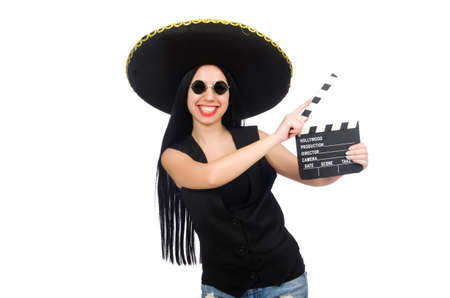 Mexican woman in funny concept on whiteの写真素材