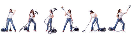 Collage of woman cleaning with vacuum cleanerの写真素材
