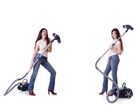 Collage of woman cleaning with vacuum cleanerの写真素材