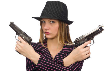 Gangster woman with gun isolated on whiteの写真素材
