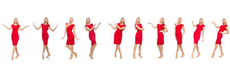 Woman in red dress isolated on whiteの写真素材