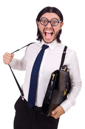 Young businessman holding briefcase isolated on whiteの写真素材