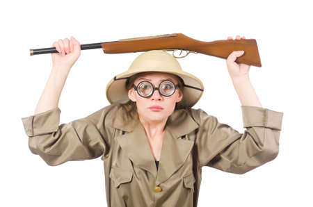 Woman wearing safari hat on whiteの写真素材