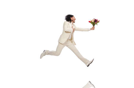 Man in funny concept isolated on whiteの写真素材