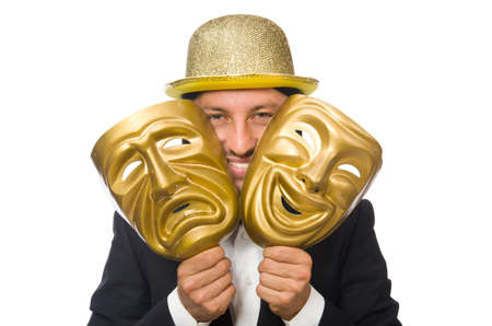 Man with theater mask isolated on whiteの写真素材
