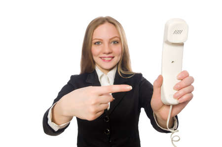 Pretty office employee holding phone isolated on whiteの写真素材