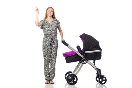 Happy mom with her baby in pram