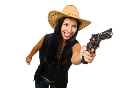 Young woman with gun isolated on whiteの写真素材