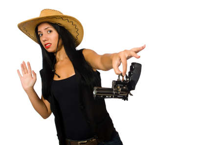 Young woman with gun isolated on whiteの写真素材