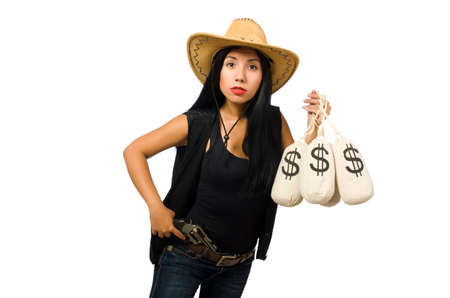 Young woman with gun and money sacksの写真素材