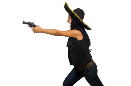 Young mexican woman with gun on whiteの写真素材