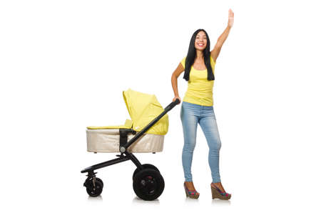 Woman with baby and pram isolated on whiteの写真素材