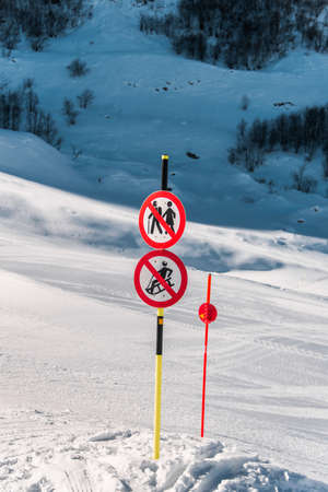 Danger sings on winter skiing resortの写真素材