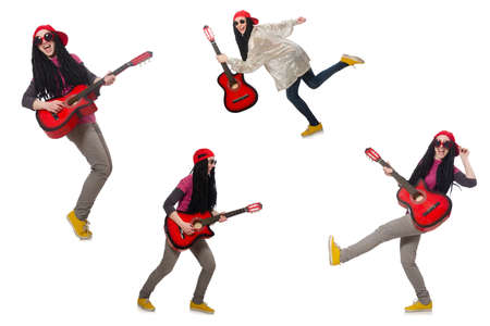 Hipste guitar player isolated on whiteの写真素材