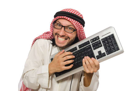 Arab businessman with computer on whiteの写真素材