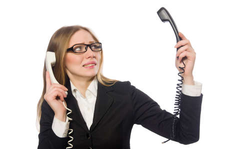 Pretty office employee holding phone isolated on whiteの写真素材