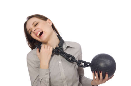 Young businesswoman in funny concept on whiteの写真素材