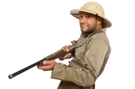 Safari hunter isolated on whiteの写真素材