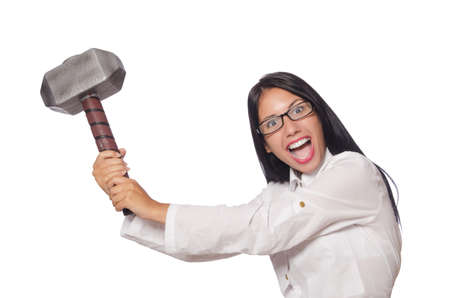 Woman in funny business concept on whiteの写真素材
