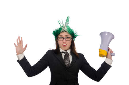Funny businesswoman in business concept on whiteの写真素材