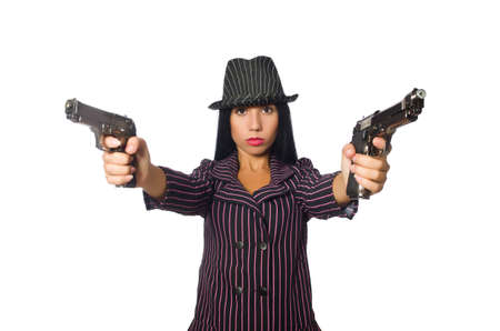 Gangster woman with gun isolated on whiteの写真素材