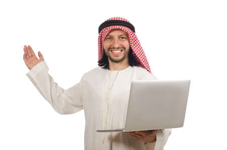 Arab man with laptop isolated on whiteの写真素材