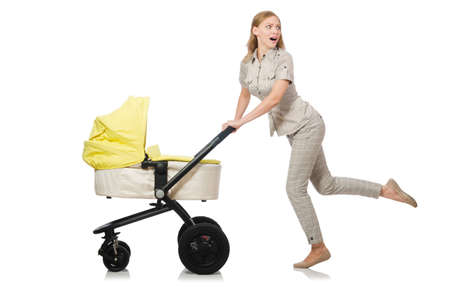 Woman with baby and pram isolated on white