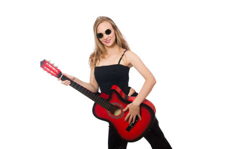 Young woman guitar player isolated on whiteの写真素材