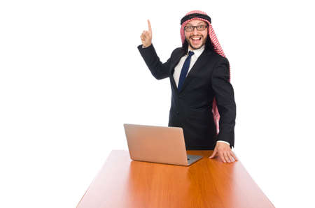 Arab businessman with computer on whiteの写真素材