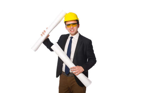 Funny architect with drawings on whiteの写真素材