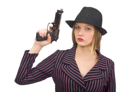 Gangster woman with gun isolated on whiteの写真素材