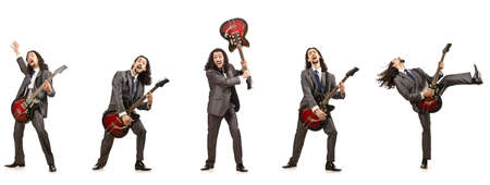 Funny guitar player isolated on whiteの写真素材
