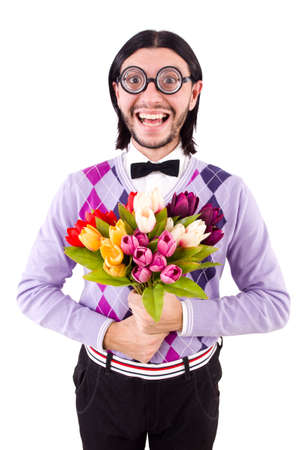 Man holding tulips isolated on whiteの写真素材