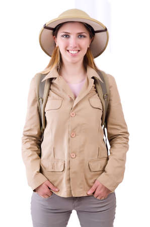 Woman wearing safari hat on whiteの写真素材