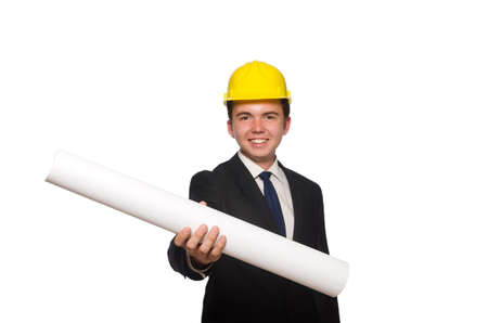 Funny architect with drawings on whiteの写真素材
