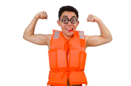 Funny man wearing orange safety vestの写真素材