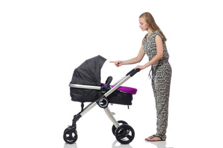 Happy mom with her baby in pramの写真素材