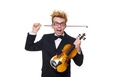 Young musician with violin isolated on whiteの写真素材