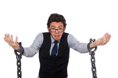 Young businessman in funny concept on whiteの写真素材