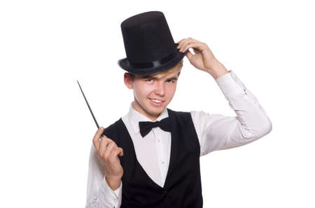 Magician with magic stick isolated on white