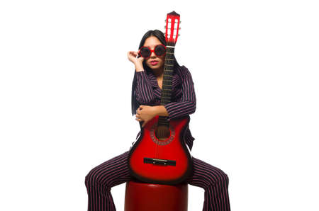 Woman guitar player isolated on whiteの写真素材