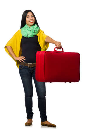 Woman with suitcases on whiteの写真素材