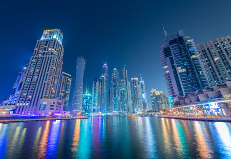 Dubai - JANUARY 10, 2015: Marina district on January 10 in UAE, Dubai. Marina district is popular residential area in Dubaiのeditorial素材