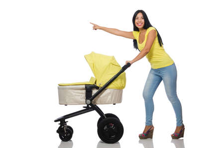 Woman with pram isolated on white