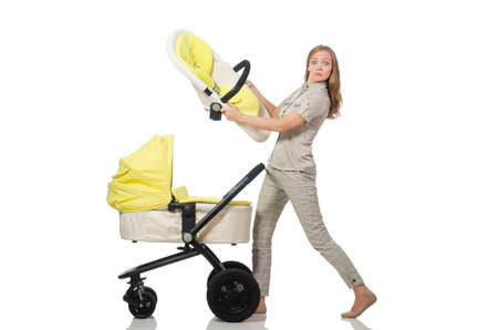 Woman with pram isolated on whiteの写真素材