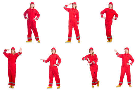 Woman in red overalls isolated on whiteの写真素材