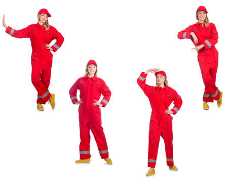 Woman in red overalls isolated on whiteの写真素材