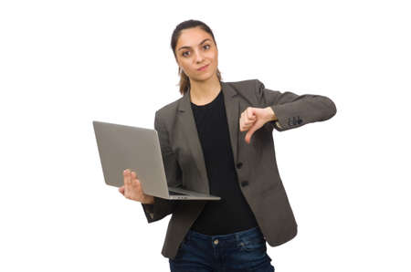 Young student with laptop on white