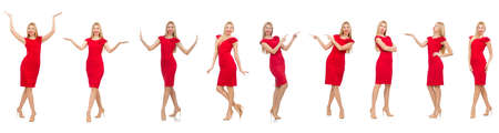 Woman in red dress isolated on whiteの写真素材